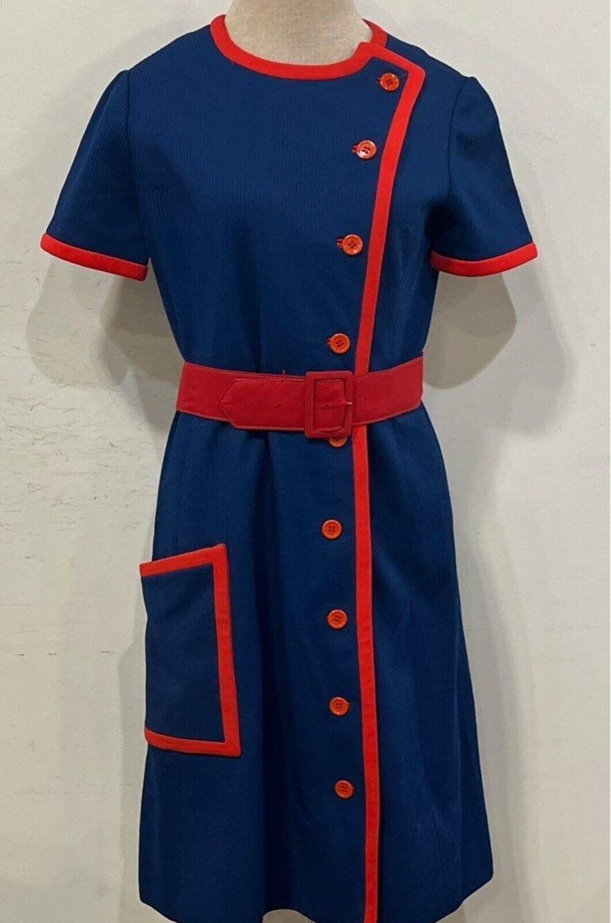 Vintage Retro Handmade 50s Cotton Navy Blue & Red One Piece Dress Size Small